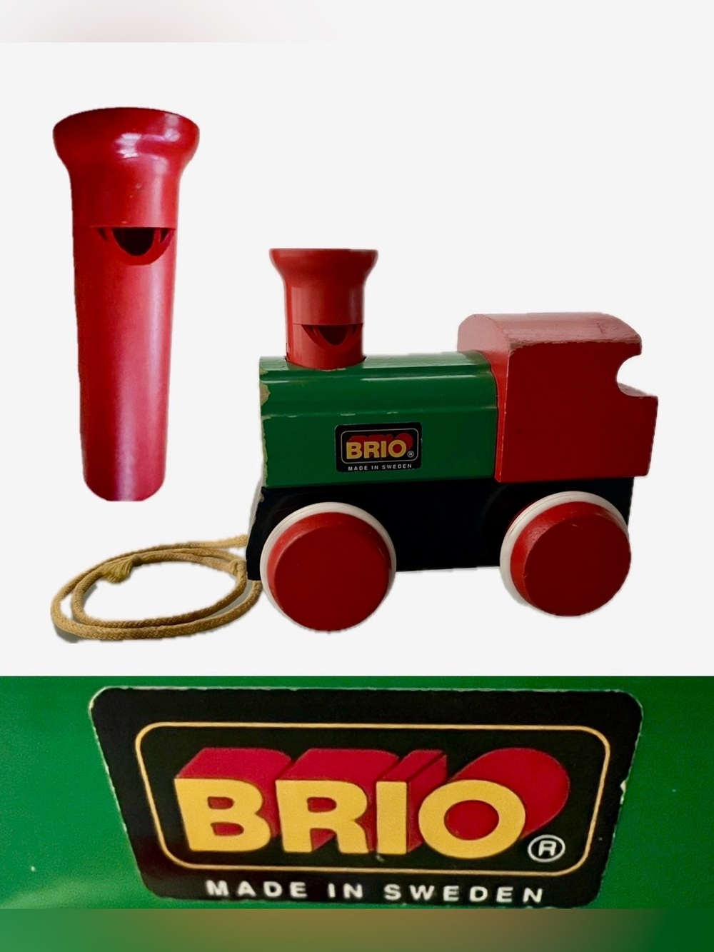🚂Rare VINTAGE 1993 BRIO Wooden Pull-Along Train Engine & Whistle Pull Toy #30328